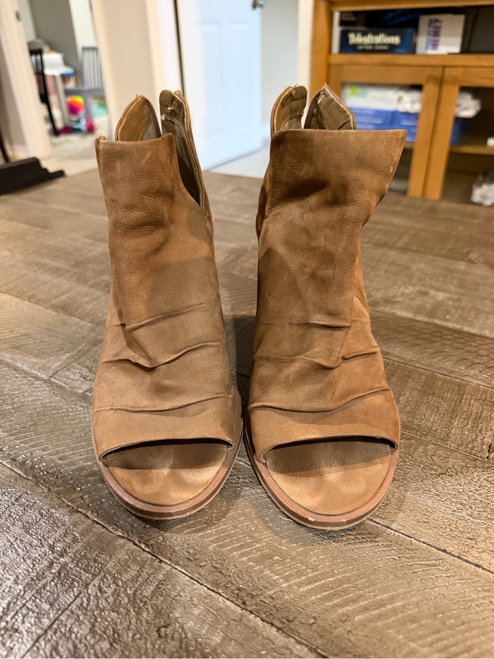 Vince Camuto Brown Suede Open-Toe Ruching Ankle Booties